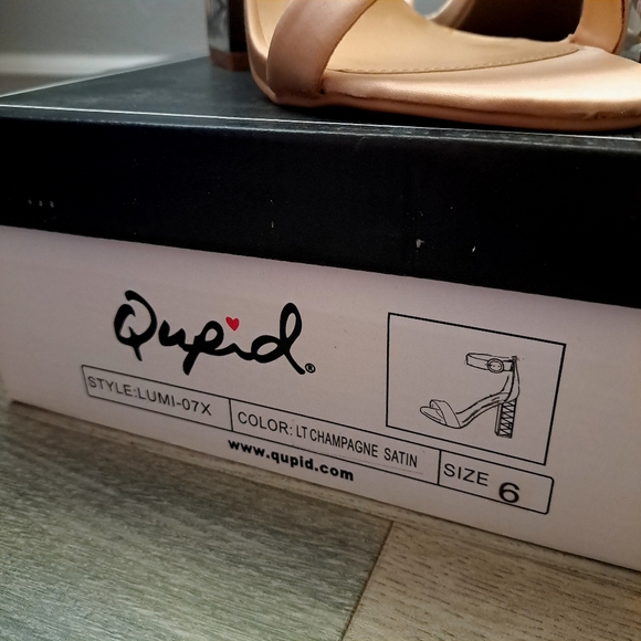 Qupid | lt champagne satin ~ clear chunk high heel with ankle buckle - Picture 2 of 9